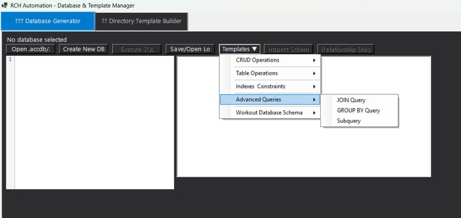 Database generator with a templates menu of common SQL operations