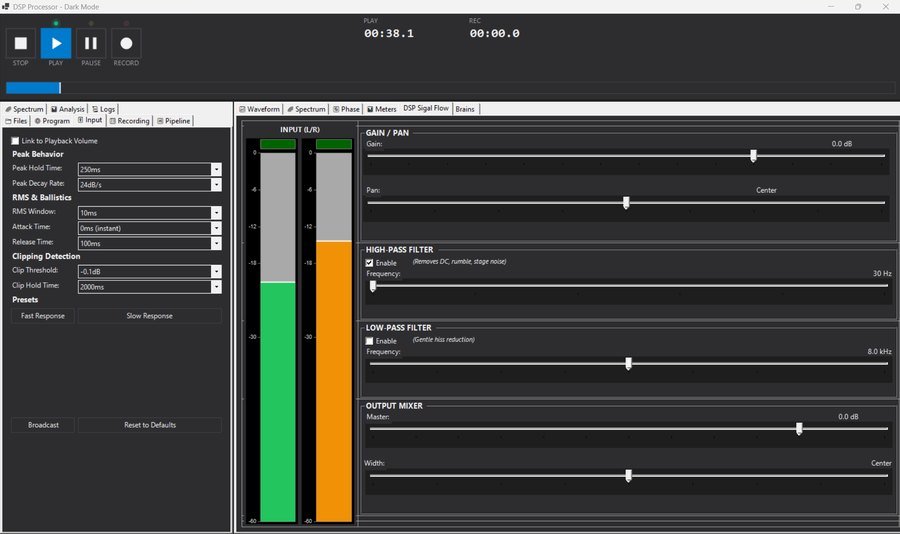 DSP signal flow with filter stages and metering controls