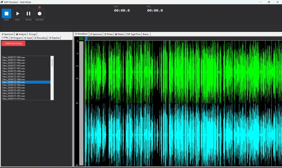 DSP Processor waveform display with a list of recorded takes