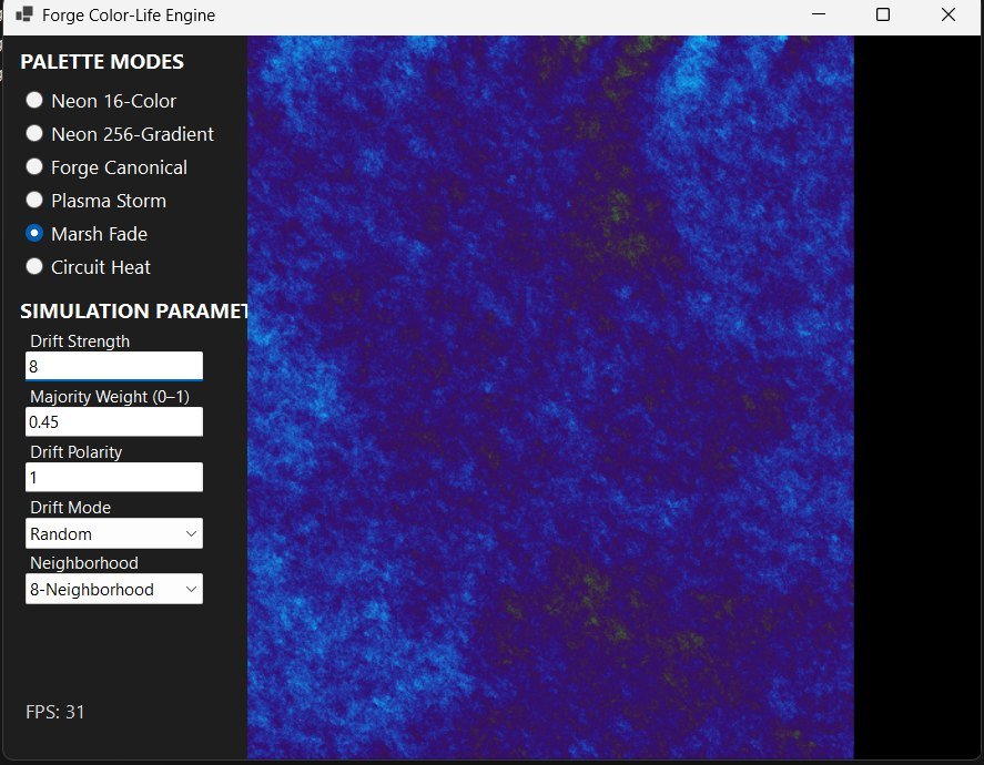 Forge Color-Life Engine rendering a cellular automaton field with parameter controls