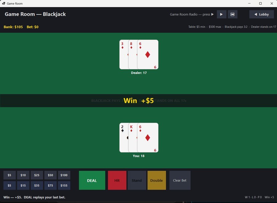 Game Room blackjack hand showing dealer 17 against player 18