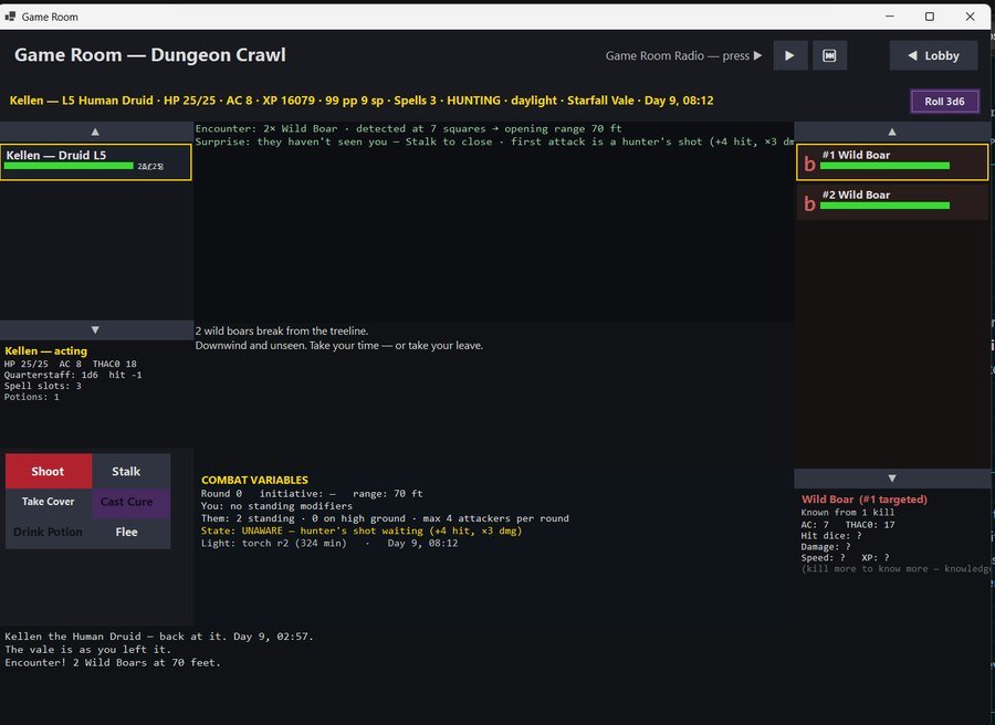 Dungeon Crawl encounter screen with combat variables and monster knowledge panel