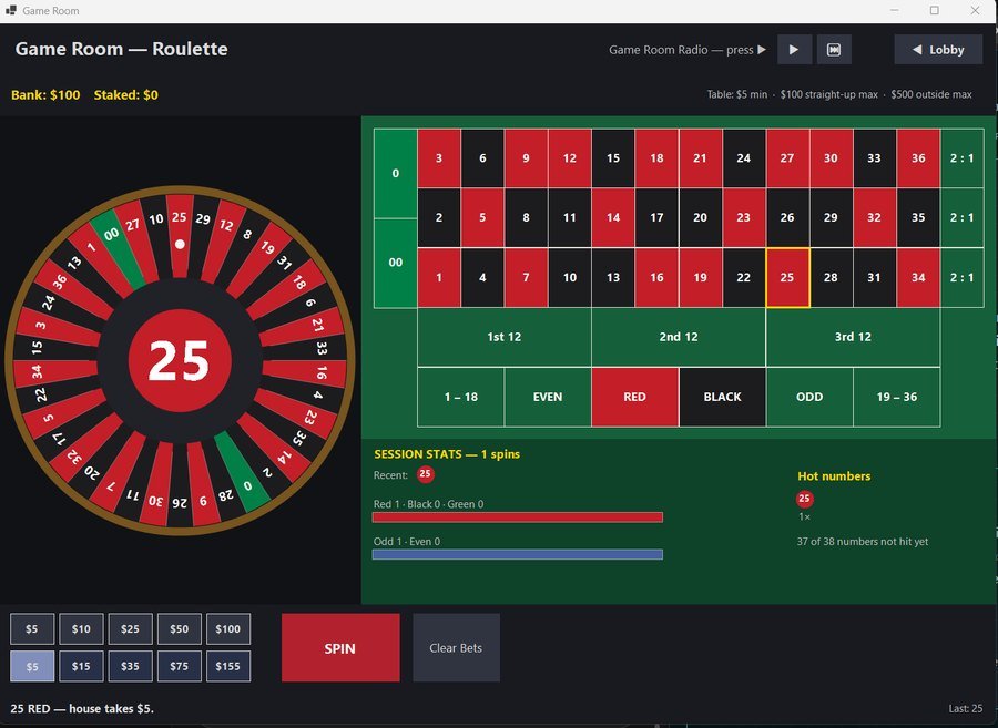 Game Room roulette table with wheel, betting layout and session statistics