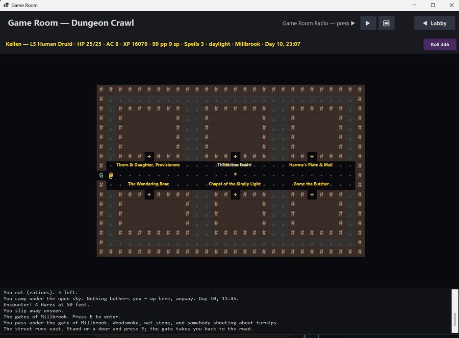 ASCII town map of Millbrook with named shops and the player character