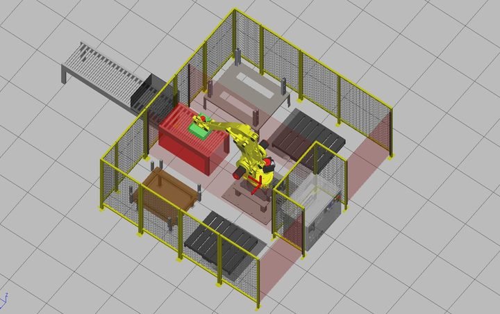 Robot cell layout, isometric. Fencing, conveyor entry, operator side, and the reach envelope that determines all three.