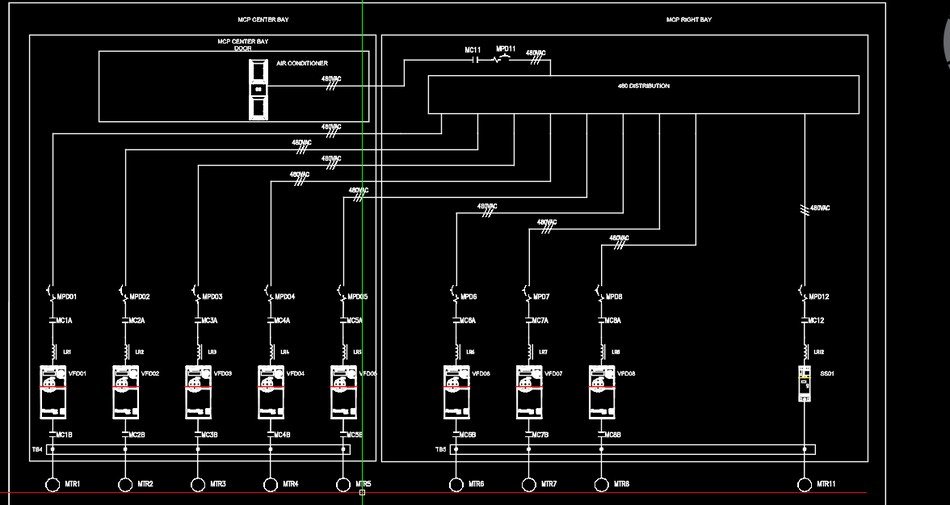 480VAC motor power distribution to eight drives and motors