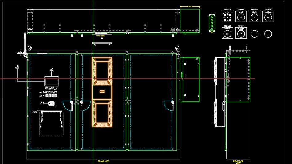 Enclosure general arrangement with front, top and side views and door device layout