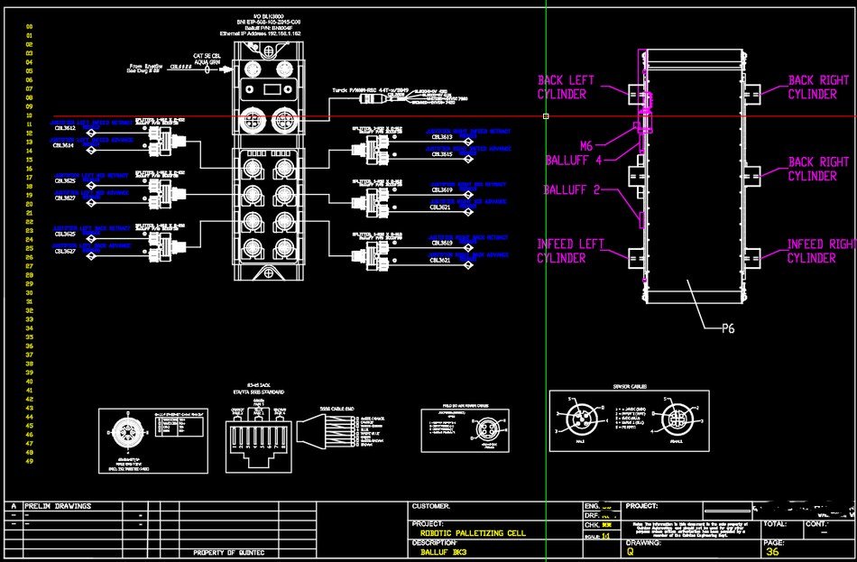 I/O block wiring with connector pinouts and mechanical cylinder locations