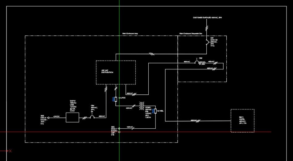 Main power one-line diagram from customer service through main breaker to distribution