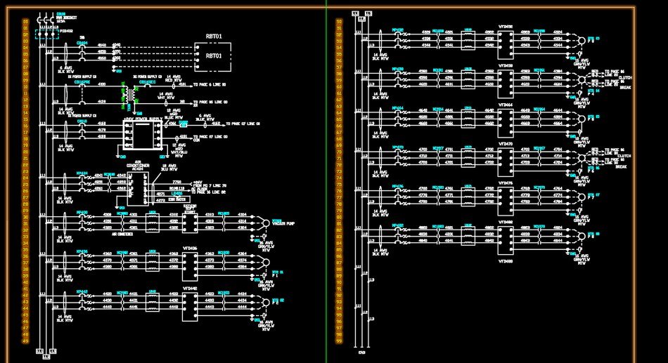 Power distribution schematic showing three-phase feeds to drives and motors