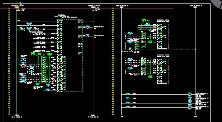 Safety relay schematic with pull cord circuits