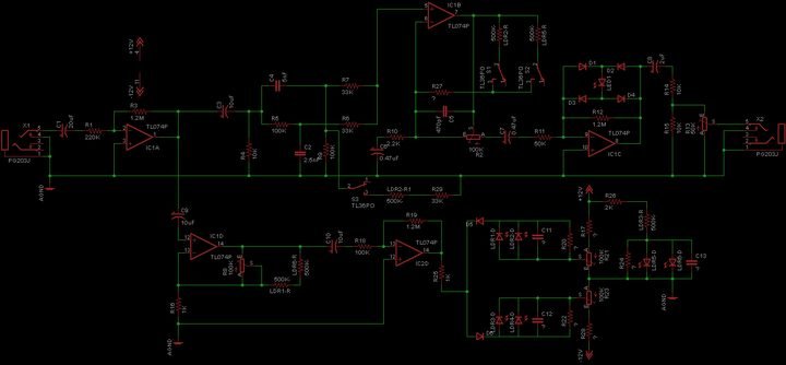 Schematic capture. Stages laid out left to right, which is the only arrangement that stays readable once there are enough of them.