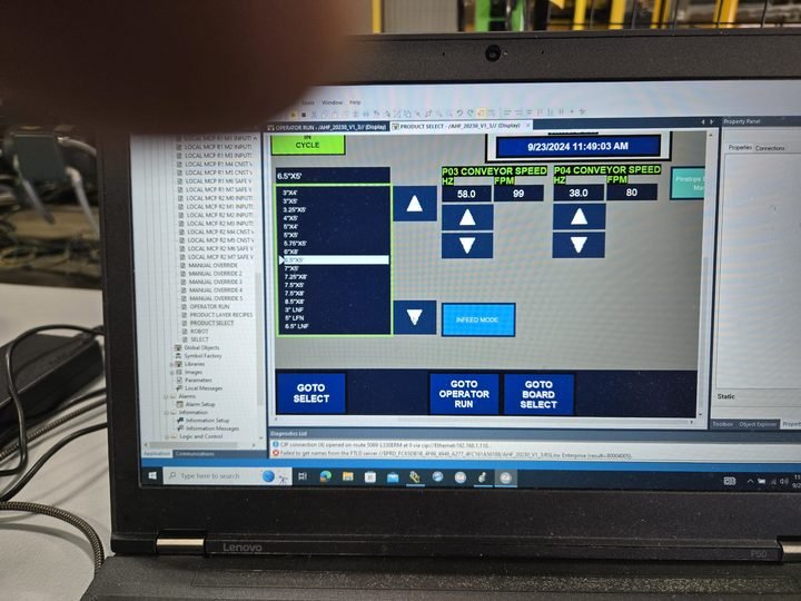 HMI development. The screen an operator will use, being built on a laptop by someone imagining them.
