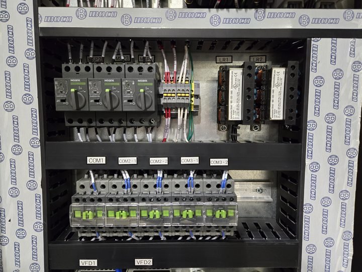 Distribution and protection on DIN rail. The film stays on until the last practical minute.