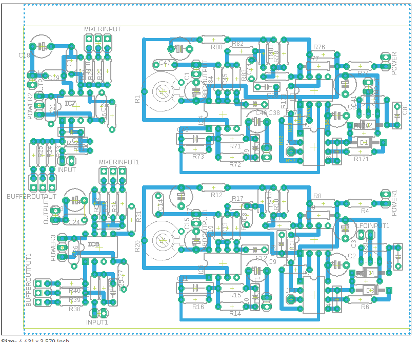 Board layout, 4.431 × 3.579 inch. Routing in blue, pads in green, silkscreen underneath. Mixer inputs, buffer outputs and power broken out at the edges where the connectors want to be.
