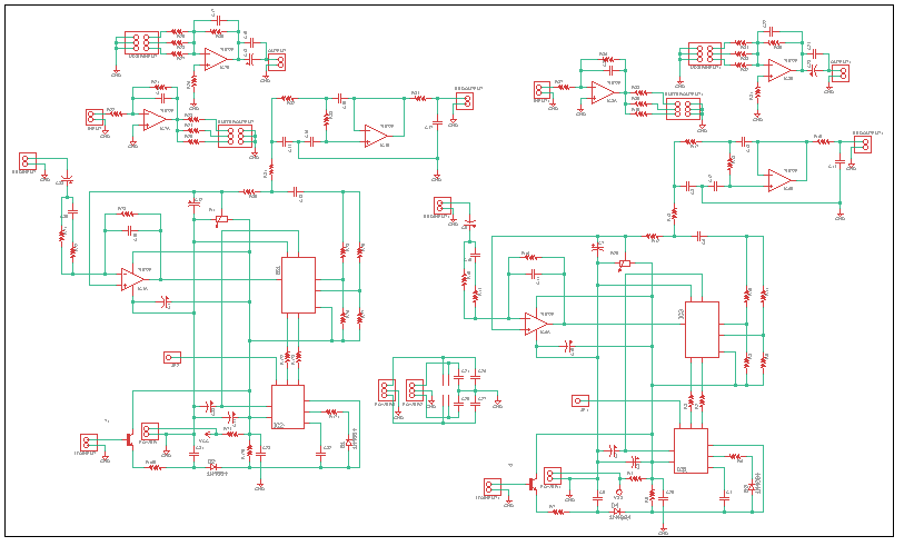 Schematic capture — a dual-channel op-amp design, both halves drawn identically so a divergence between them is visible instead of hidden.