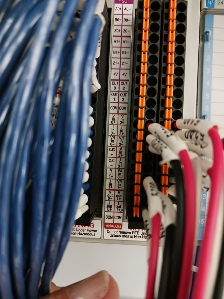 Bundles landed at the terminal strip. The bend radius is deliberate.