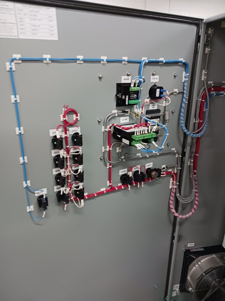Inside face of an enclosure door. Blue control run clipped on a perimeter path, red harness dropping to the pilot device contact blocks, loom through the hinge side with a service loop, every device tagged, and the wire schedule taped inside the door where the next person will actually find it.