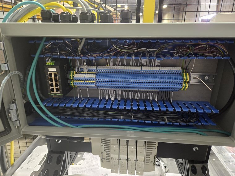 Terminal detail. Pluggable connectors so a card swap isn't a re-wire.